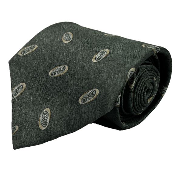Van Heusen Green Necktie with Cream Geometric Accents 100% Silk - Picture 1 of 12